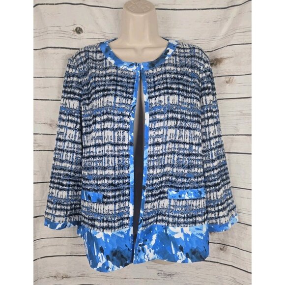 Ming Wang Blue Tweed Jacket Cardigan L Floral Trim Womens Ruffle Career - Picture 1 of 9